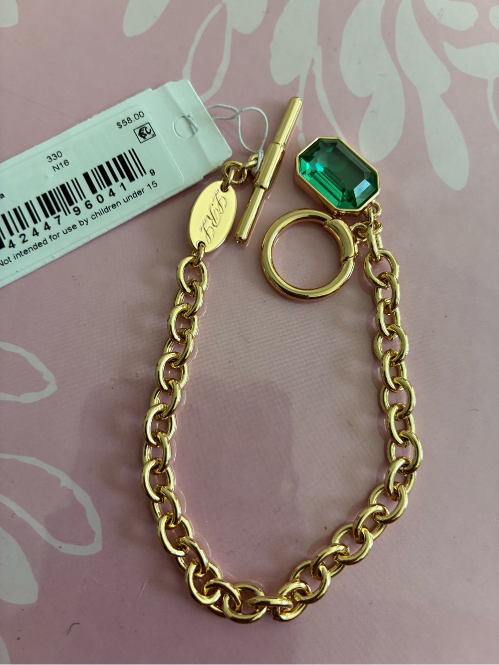 Ralph Lauren Gold Chain Bracelet with Emerald Green Charm